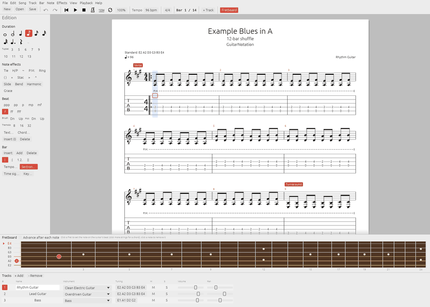 The guitarnotation desktop app: a 12-bar blues in A as standard notation above tab, with the editing tools on the left, the fretboard below and the track list at the bottom